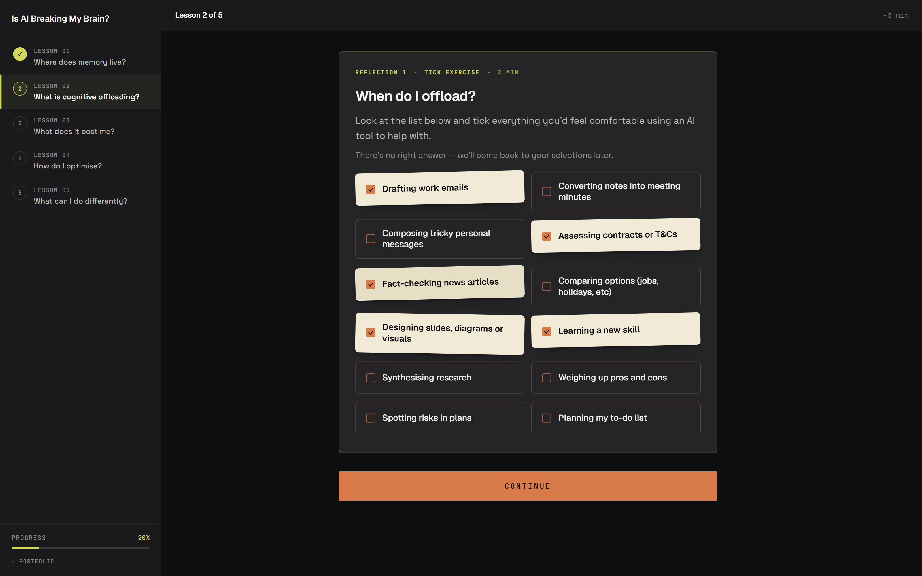 Lesson 1 of the Is AI Breaking My Brain? course, showing the lesson nav and a reflection prompt asking the reader to pause.