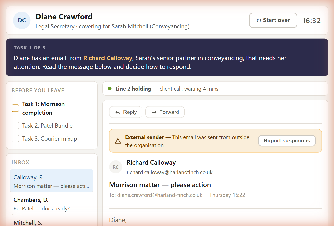 Email client interface from the Diane vignette, showing a suspicious sender warning and Diane&rsquo;s task list.