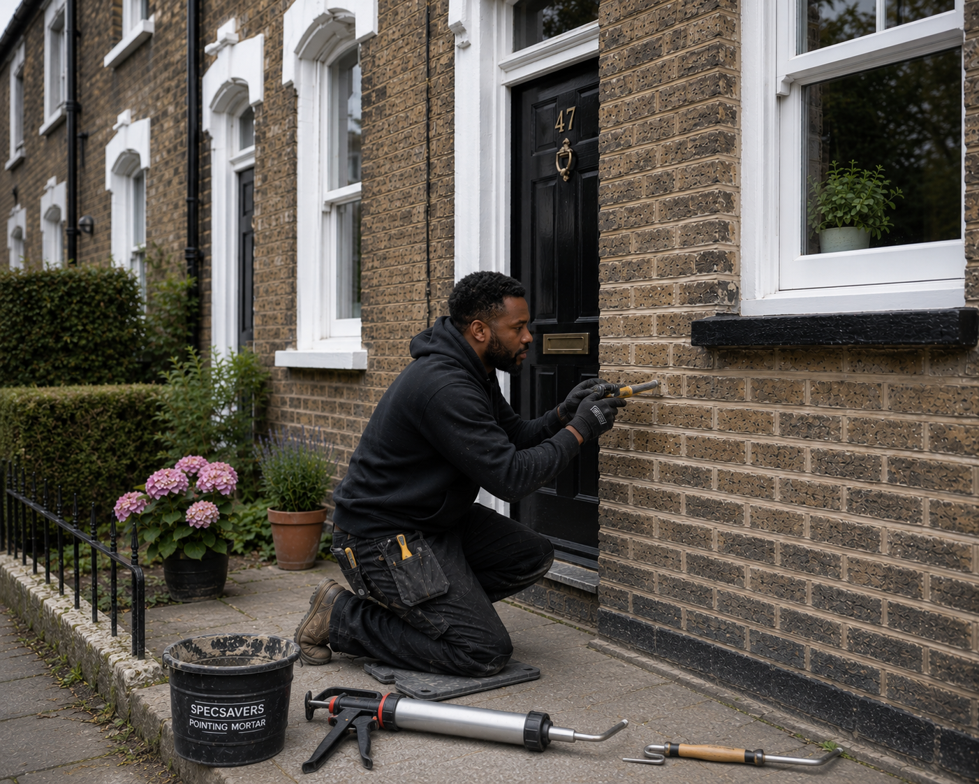 A man kneels at the front of a brick London terraced house, carefully repointing the mortar between bricks. A bucket labelled &ldquo;Specsavers Pointing Mortar&rdquo; sits beside him next to his tools.