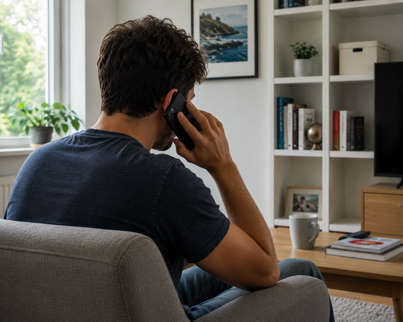 The same man, back to camera, sits in the armchair holding a phone to his ear, mid-conversation.